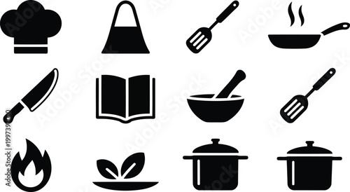 Professional cooking and food preparation icons set featuring essential kitchen utensils for culinary art and restaurant businesses