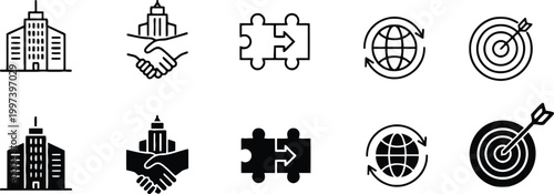 Corporate business strategy icons featuring company building, global network, and target.