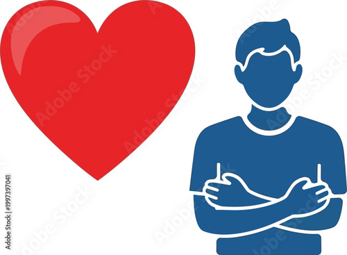 Man with Arms Crossed Next to Large Red Heart Icon - Love, Relationship, Care Concept