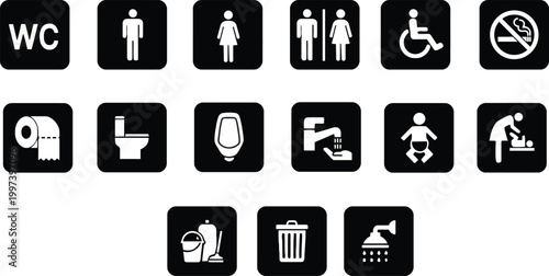 Public restroom and facility sign set with WC, baby care, and accessibility icons.
