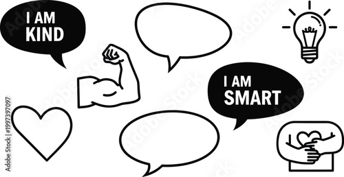 Self-affirmation, positive mindset, kindness, intelligence, self-care, inspiration, thought bubbles