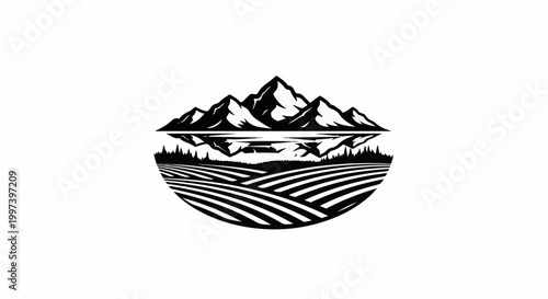 Black and white illustration of mountains, lake, trees, and fields