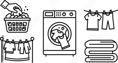 Laundry icons: basket, washing machine, clothesline, drying rack, folded towels