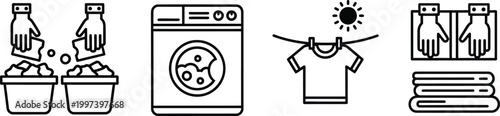 Laundry Process Icons: Sorting, Washing Machine, Drying, Folding