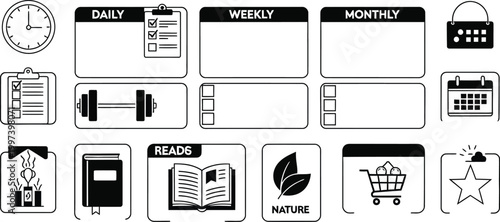 Planning Board Icons: Daily, Weekly, Monthly Goals, Fitness, Reading, Nature, Shopping