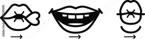 Lips Icons: Kiss, Smile, and Open Mouth with Arrows
