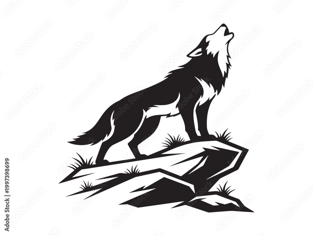 Fototapeta premium Howling wolf silhouette a majestic creature's call in a black and white illustration