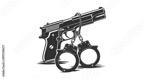 Handcuffs Hanging From Pistol, Crime and Law Enforcement Concept