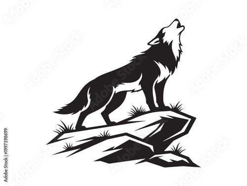 Howling wolf silhouette a majestic creature's call in a black and white illustration