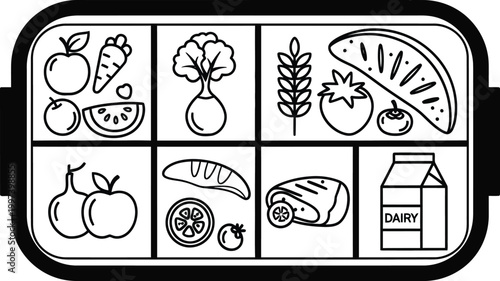 Healthy Lunchbox Food Icons: Fruits, Vegetables, Bread, Steak, and Milk Carton