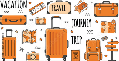 Travel and Vacation Icon Set Featuring Luggage, Passport, Maps, and Journey Essentials for Adventure, Tourism, and Holiday Designs