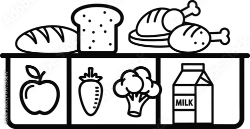 Healthy Food Assortment: Bread, Chicken, Fruits, Vegetables, Milk Icons