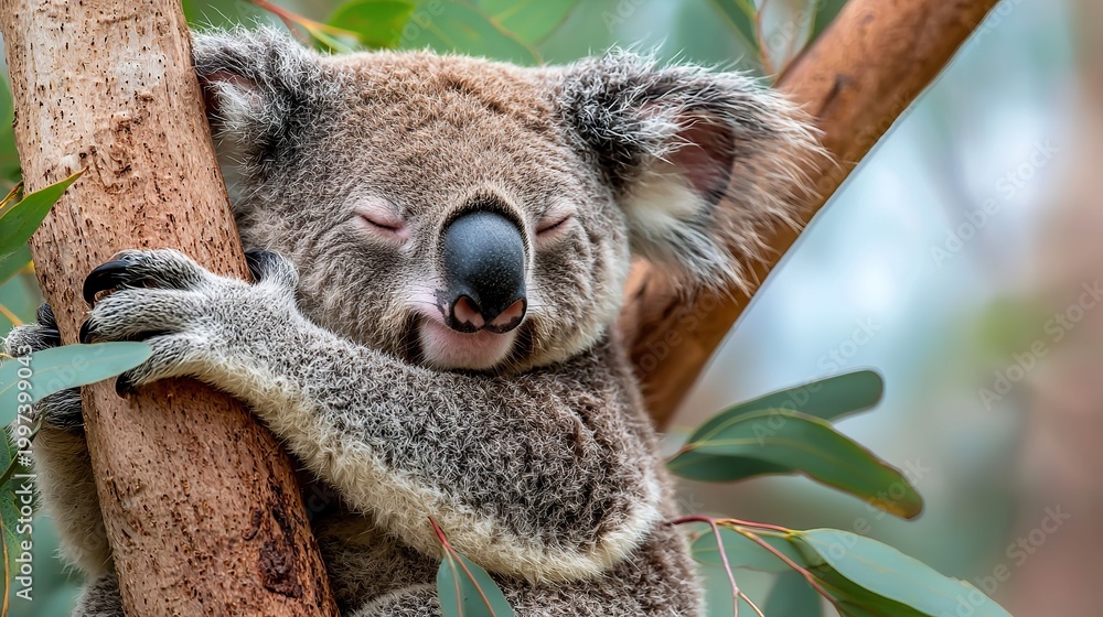Obraz premium Koala clinging to a eucalyptus tree branch, peaceful, native Australian wildlife, sleepy