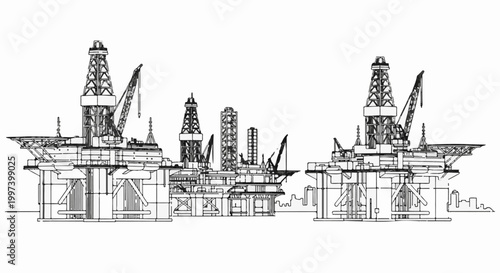 Black and white line art illustration of multiple offshore oil drilling rigs