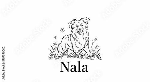 Black and white line art of a happy dog sitting in a field with flowers