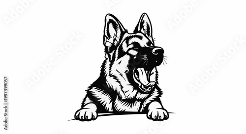 Black and white line art of a German Shepherd dog yawning