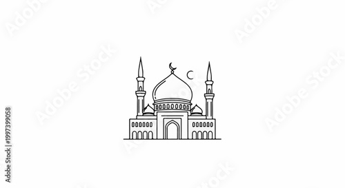 Black and white line art of a mosque with domes and minarets