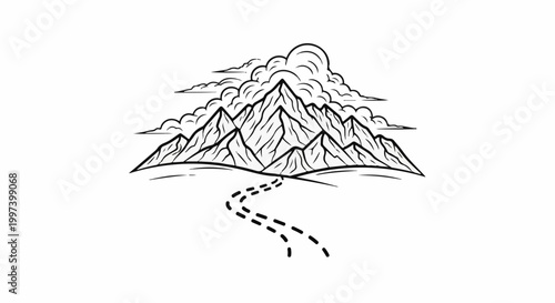 Black and white line art of a mountain range with a dotted path leading towards it