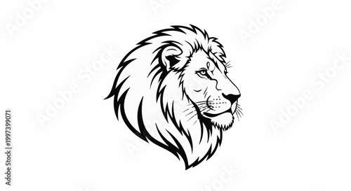 Black and white line art of a lion's head in profile, facing right