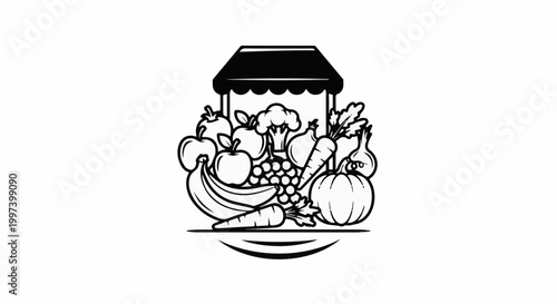 Black and white illustration of a market stall overflowing with fresh produce