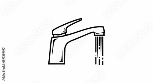 Black and white illustration of a modern faucet with water flowing