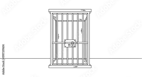Empty jail cell with locked door, simple outline illustration