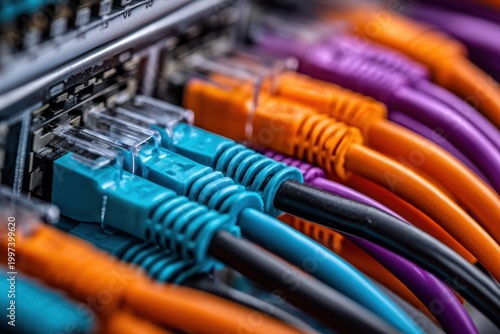 Efficient cable management in modern data center. Colorful network cables and status indicators. Close up colorful patch cables in server rack, orange purple ethernet cords. Switch, LEDs, metal ports