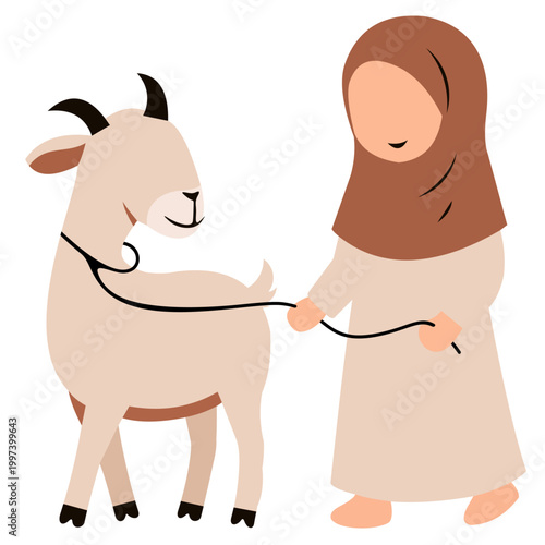 Muslim Girl Holding Goat for Eid al-Adha Illustration