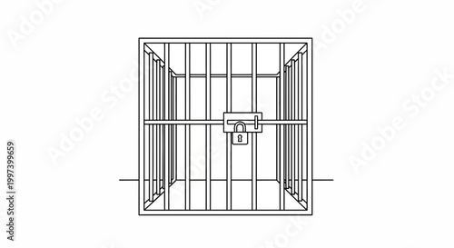 Empty prison cell with bars and lock, illustration