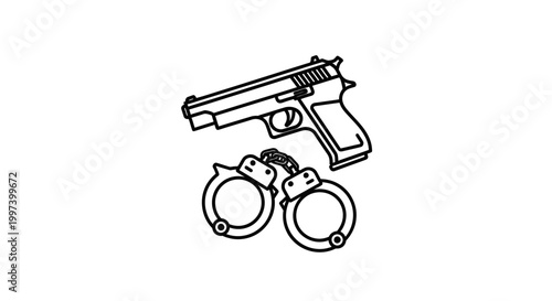 Handcuffs and Pistol Outline Icon - Crime, Law Enforcement, Security Symbol