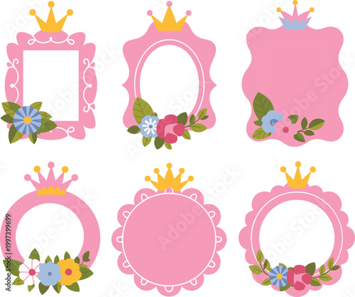 Cute pink princess frames with gold crowns and flowers, decorative borders for girls birthday party invitations