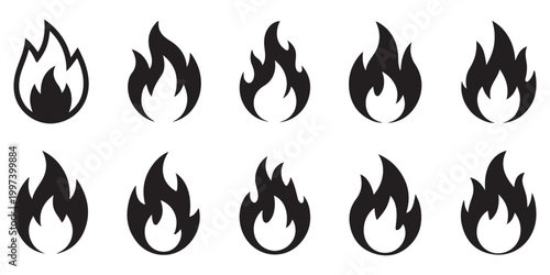 Set of solid black fire flame icons