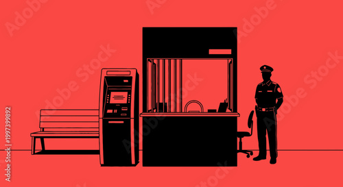Security Guard at ATM and Ticket Booth with Bench, Red Background