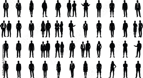 Business people silhouette collection with standing professional men and women black shadow human figures isolated background set