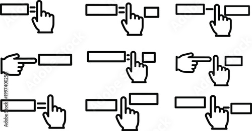 Finger pressing button icons, interface elements, user interaction, click action