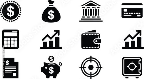 Set of black financial business and banking icons depicting money growth and investment wealth concepts