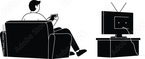 Man relaxing on sofa with phone, watching vintage TV screen