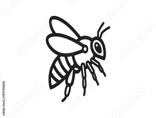 A simple black and white line drawing of a honeybee in flight