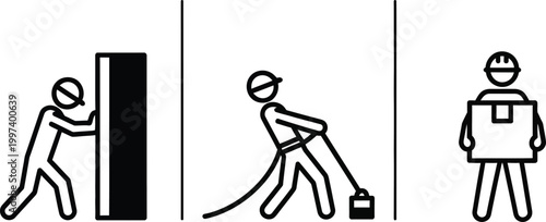 Worker Icons: Pushing, Pulling, Carrying Heavy Load, Warehouse Logistics