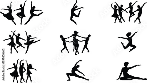 Dance silhouette collection with ballet dancers jumping and performance black shadow human figures isolated on gray background set