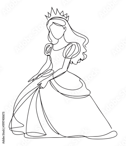 Princess Wearing Crown and Ball Gown, Isolated on White