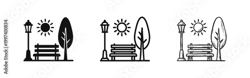 City Park Scene Icon Set, Public Garden with Bench, Tree, Sun and Lamp Post Graphic
