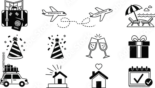 Travel and Celebration Icons Set: Airplane, Suitcase, Beach, Car, Party Hats, Gifts, Champagne, House