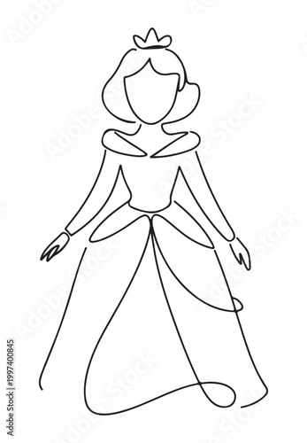 Princess Wearing Crown and Ball Gown in One Line Art