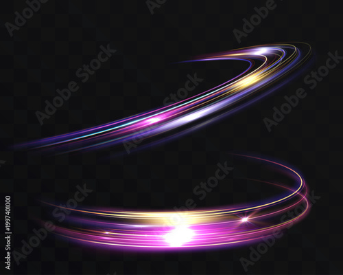 Glowing curved light trail with vibrant pink and gold neon streaks. Dynamic motion swirl isolated on transparent background, perfect for speed effects, futuristic visuals, and energy design.
