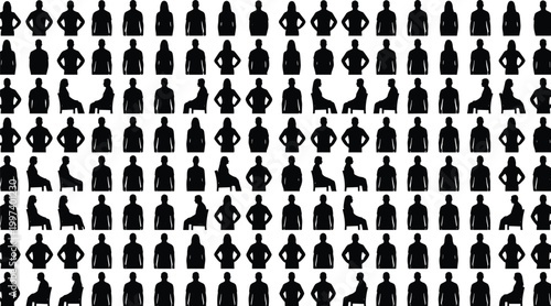 People standing and sitting silhouette collection with male female black shadow human figures isolated background set