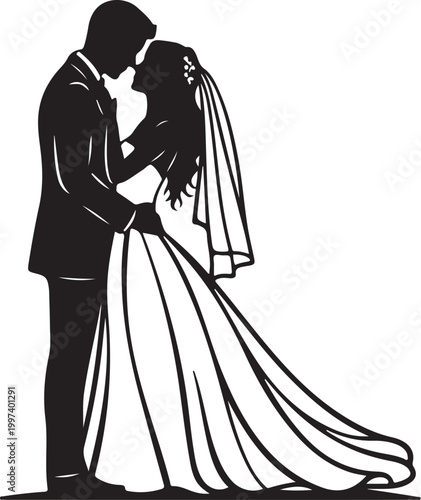 Black silhouette of bride and groom kissing couple
