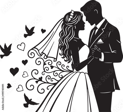 Black silhouette of bride and groom with hearts and birds