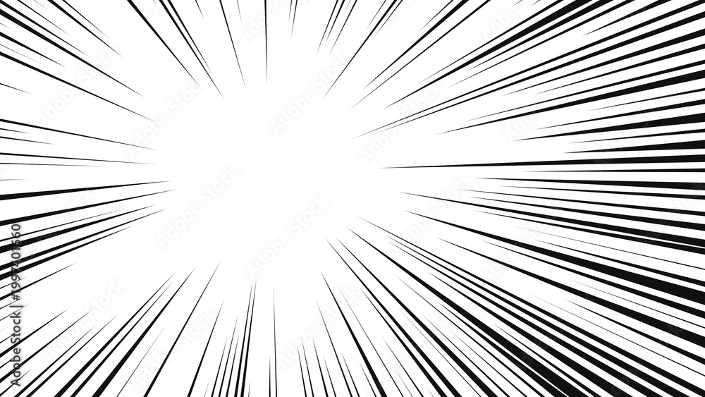 Fototapeta premium Asymmetric manga-style radial speed burst effect, high-contrast black and white comic book action lines with uneven density, intense motion background where lines converge toward the center with thick