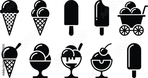 Set of black ice cream vector icons featuring various desserts and frozen treats for culinary design